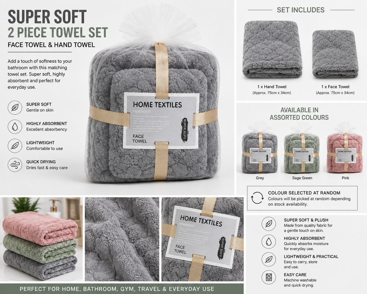 Super Soft 2-Piece Towel Set – Face Towel & Hand Towel - please note colour selected at random