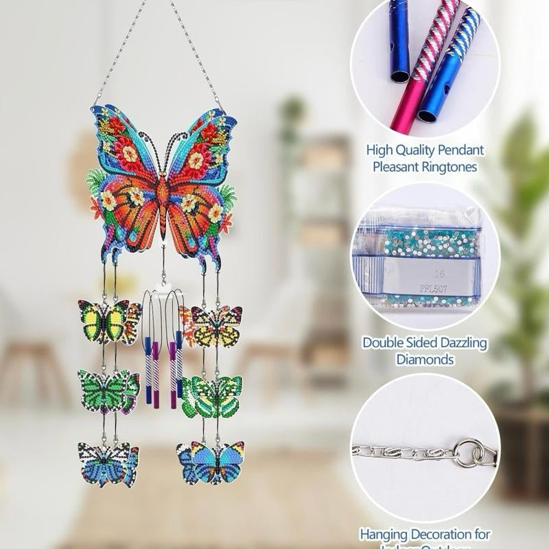Butterfly Diamond Art Wind Chime Kit, DIY Diamond Painting Suncatcher Hanging Ornaments, 5D Double Sided Diamond Art Kits for Home Window Garden Yard Decor