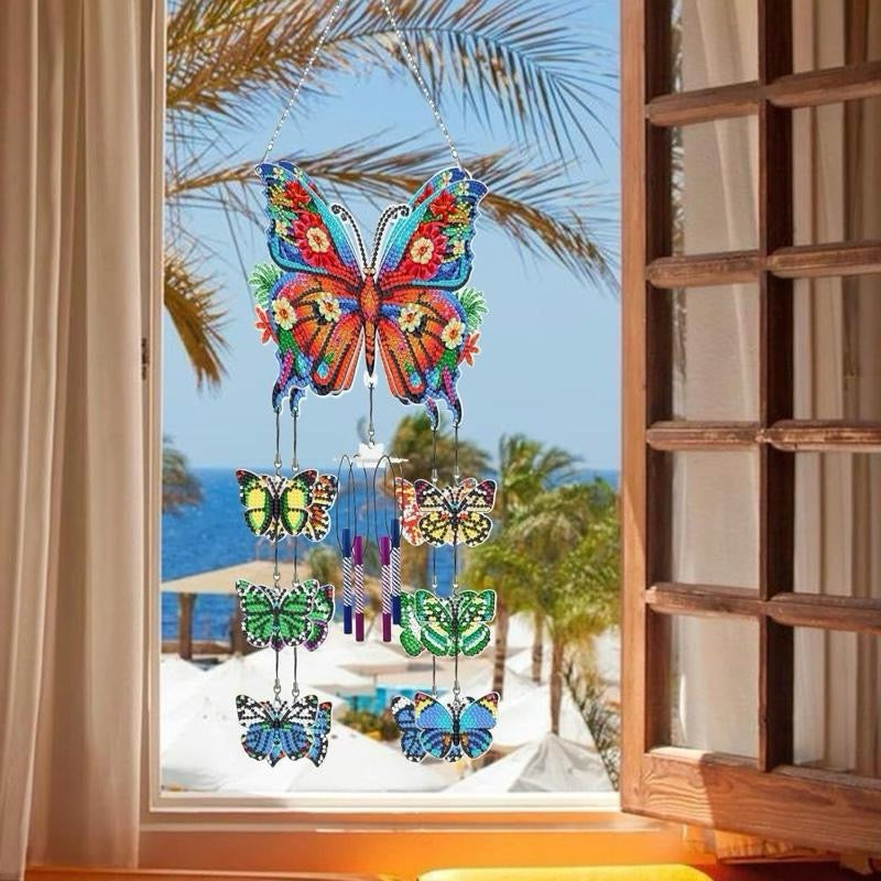 Butterfly Diamond Art Wind Chime Kit, DIY Diamond Painting Suncatcher Hanging Ornaments, 5D Double Sided Diamond Art Kits for Home Window Garden Yard Decor