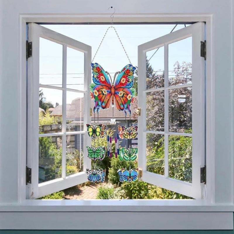 Butterfly Diamond Art Wind Chime Kit, DIY Diamond Painting Suncatcher Hanging Ornaments, 5D Double Sided Diamond Art Kits for Home Window Garden Yard Decor