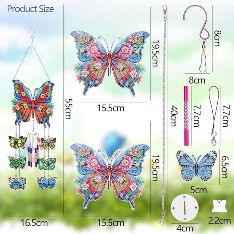 Butterfly Diamond Art Wind Chime Kit, DIY Diamond Painting Suncatcher Hanging Ornaments, 5D Double Sided Diamond Art Kits for Home Window Garden Yard Decor