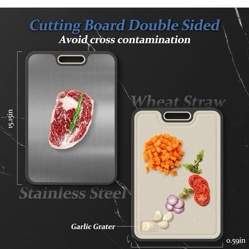 Chopping Board Double Sided, Food-Grade Stainless Steel Chopping Board with Handle, Wheat Straw Cutting Boards for Kitchen Meat Fruit Vegetable, Non Slip Easy to Clean, 15 * 11 inch, 1 Piece