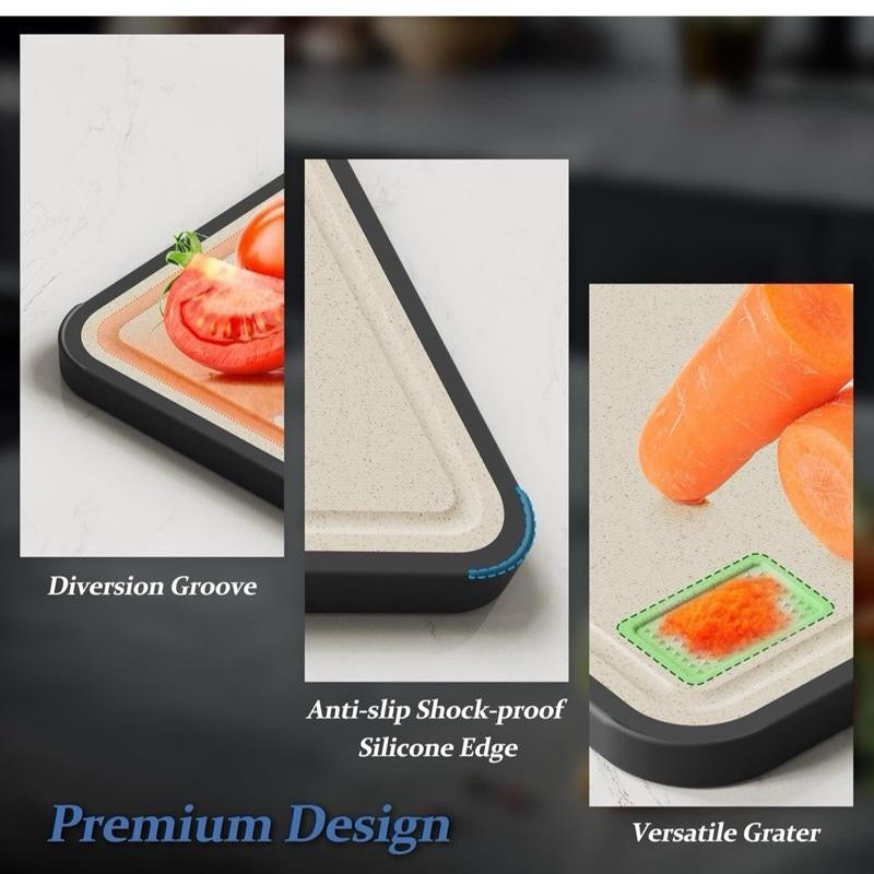 Chopping Board Double Sided, Food-Grade Stainless Steel Chopping Board with Handle, Wheat Straw Cutting Boards for Kitchen Meat Fruit Vegetable, Non Slip Easy to Clean, 15 * 11 inch, 1 Piece