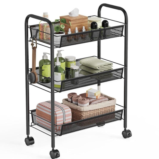 WELDUN 3-Tier Storage Trolley, Rolling Cart, Mesh Storage Cart, Mobile Storage Trolley, Portable, Stable and Easy to Set up, Bedroom Kitchen Bathroom Toilet Living Room Storage Cart, Metal, Black
