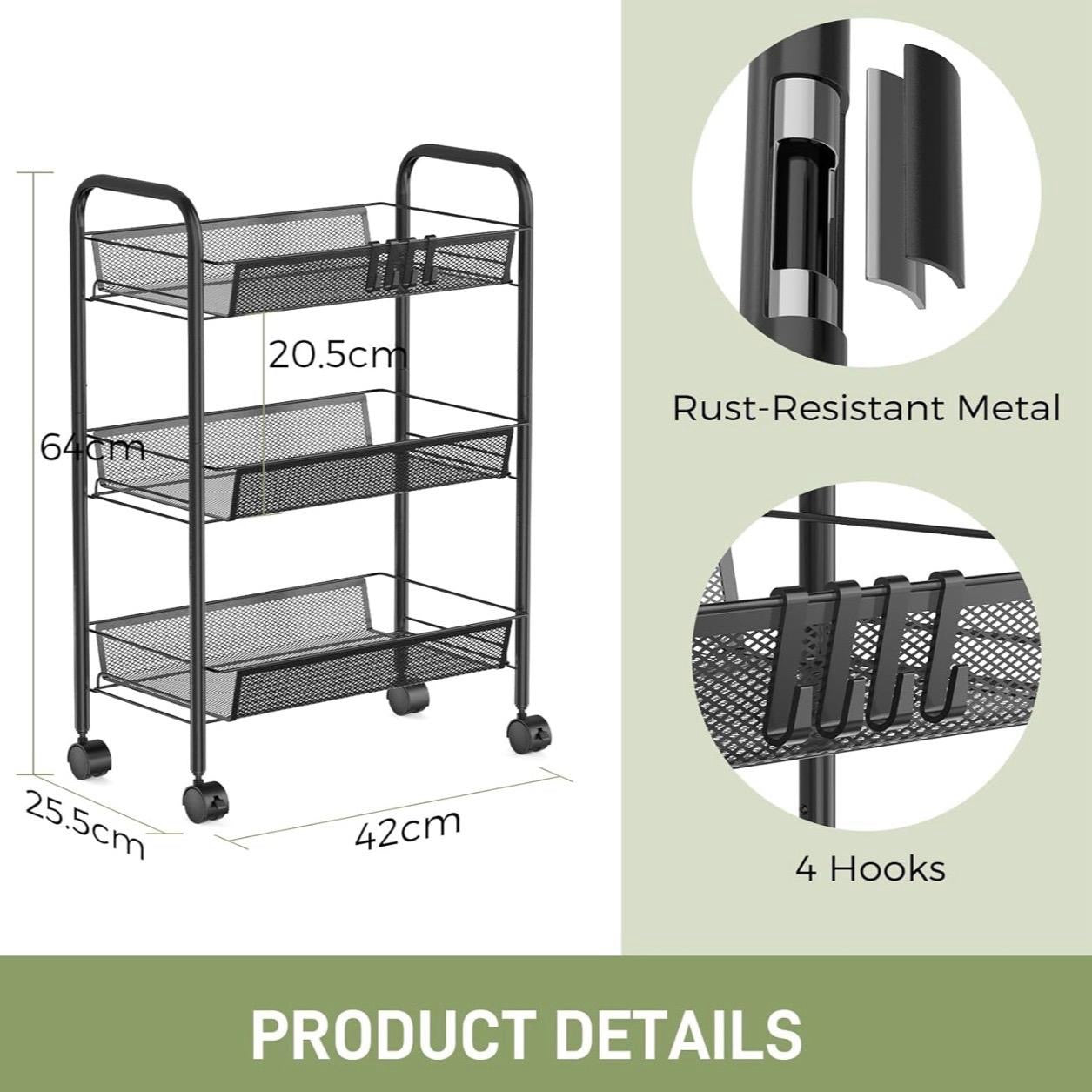 WELDUN 3-Tier Storage Trolley, Rolling Cart, Mesh Storage Cart, Mobile Storage Trolley, Portable, Stable and Easy to Set up, Bedroom Kitchen Bathroom Toilet Living Room Storage Cart, Metal, Black