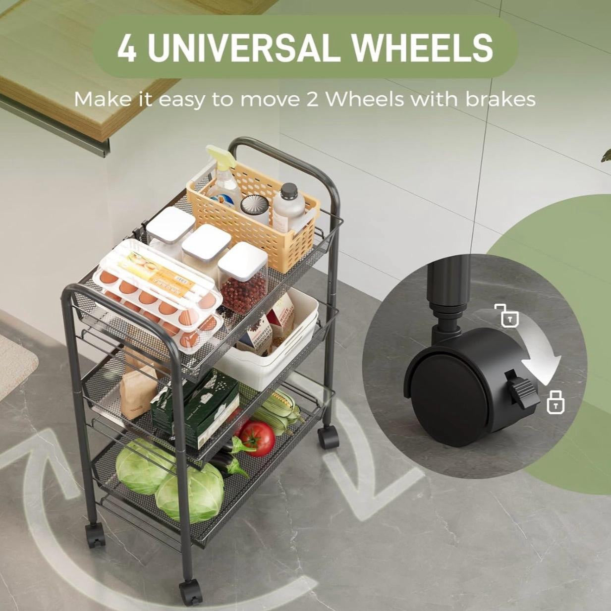 WELDUN 3-Tier Storage Trolley, Rolling Cart, Mesh Storage Cart, Mobile Storage Trolley, Portable, Stable and Easy to Set up, Bedroom Kitchen Bathroom Toilet Living Room Storage Cart, Metal, Black