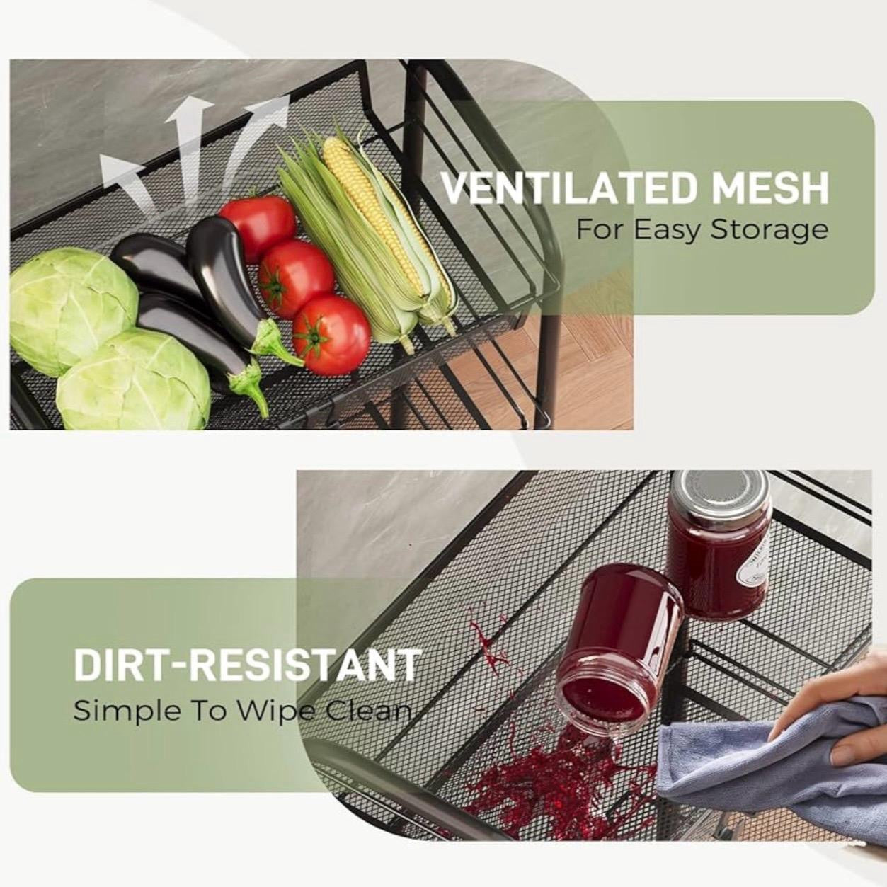 WELDUN 3-Tier Storage Trolley, Rolling Cart, Mesh Storage Cart, Mobile Storage Trolley, Portable, Stable and Easy to Set up, Bedroom Kitchen Bathroom Toilet Living Room Storage Cart, Metal, Black