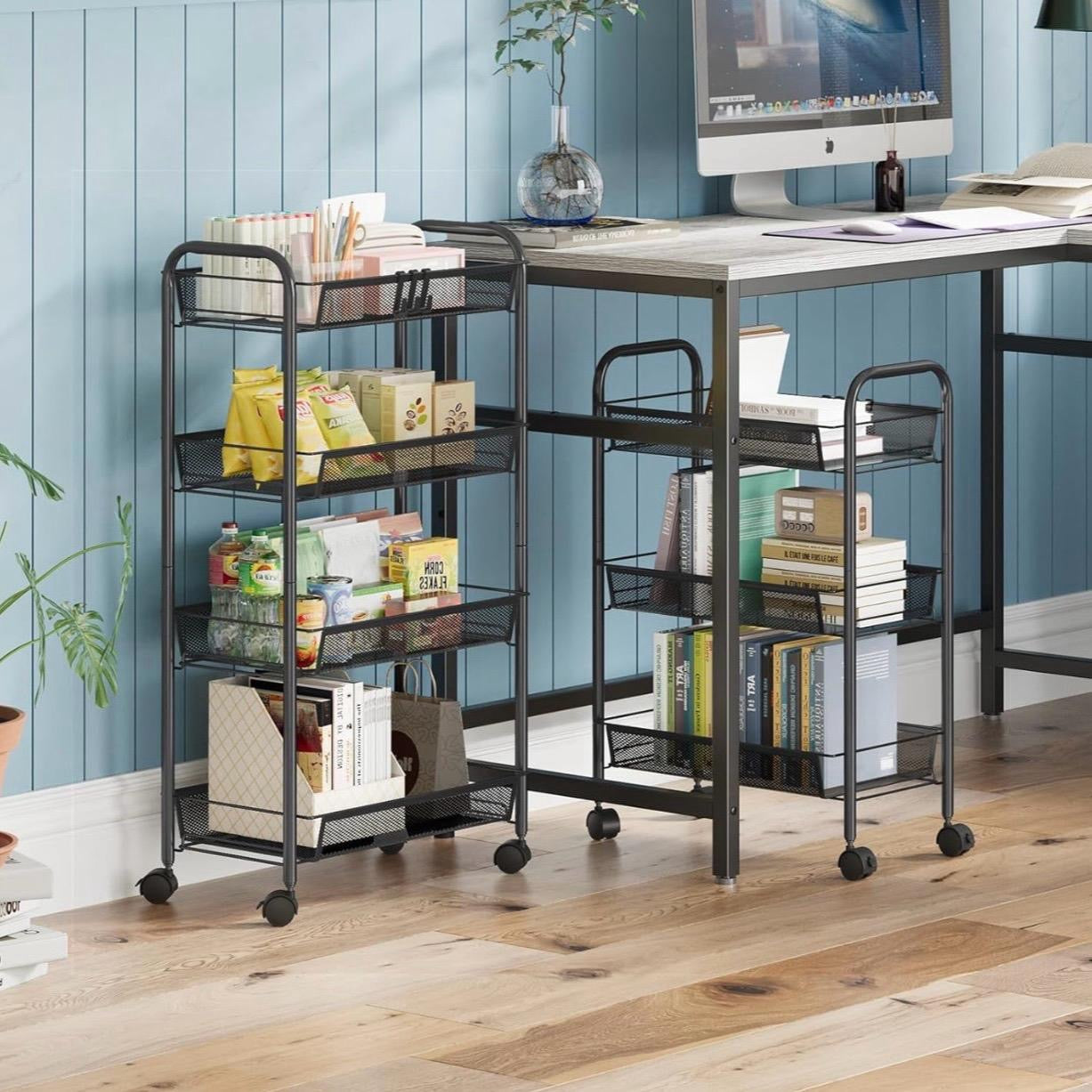 WELDUN 3-Tier Storage Trolley, Rolling Cart, Mesh Storage Cart, Mobile Storage Trolley, Portable, Stable and Easy to Set up, Bedroom Kitchen Bathroom Toilet Living Room Storage Cart, Metal, Black
