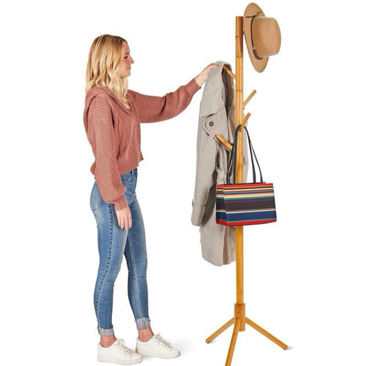 Wooden Tree Coat Rack Stand, 6 Hooks, Super Easy Assembly NO Tools Required, 3 Adjustable Sizes Free Standing Hallway Coat Hanger Hat Stand, for Handbag Clothes & Accessories - Natural Wood