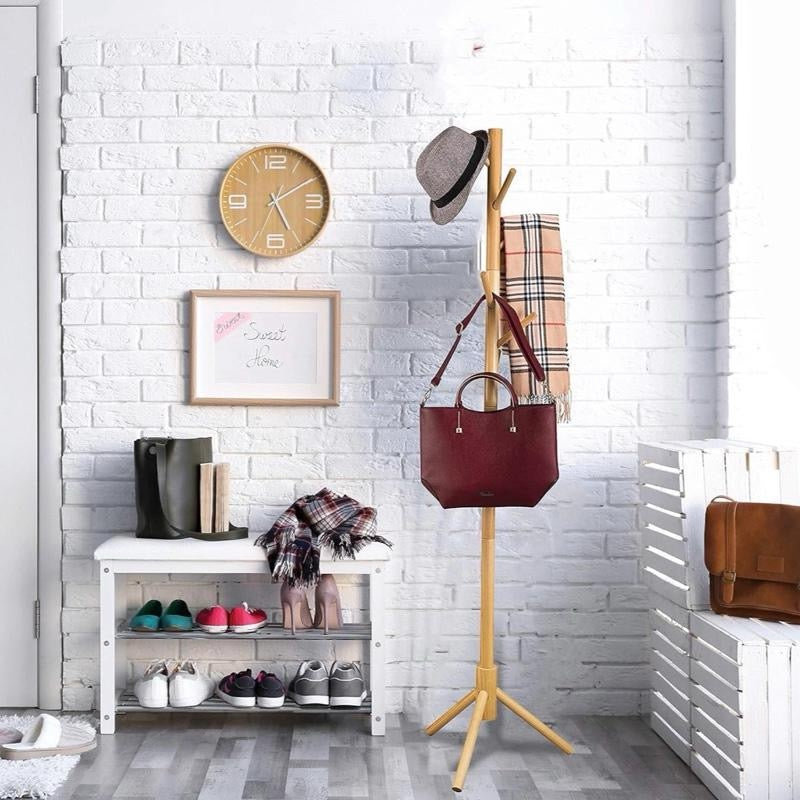 Wooden Tree Coat Rack Stand, 6 Hooks, Super Easy Assembly NO Tools Required, 3 Adjustable Sizes Free Standing Hallway Coat Hanger Hat Stand, for Handbag Clothes & Accessories - Natural Wood