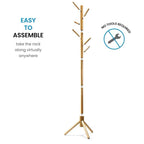 Wooden Tree Coat Rack Stand, 6 Hooks, Super Easy Assembly NO Tools Required, 3 Adjustable Sizes Free Standing Hallway Coat Hanger Hat Stand, for Handbag Clothes & Accessories - Natural Wood