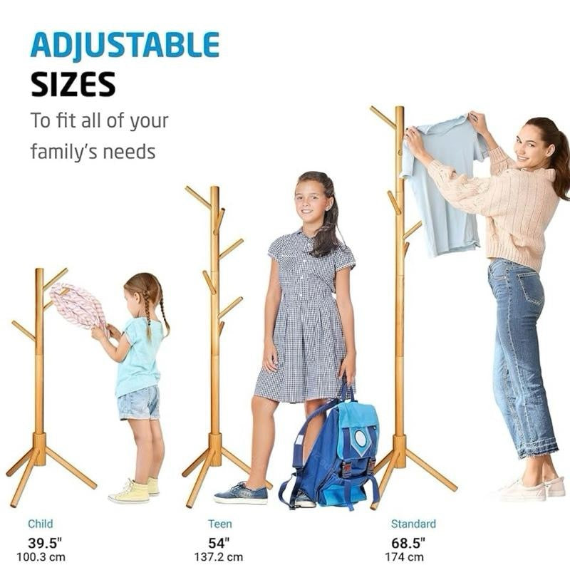 Wooden Tree Coat Rack Stand, 6 Hooks, Super Easy Assembly NO Tools Required, 3 Adjustable Sizes Free Standing Hallway Coat Hanger Hat Stand, for Handbag Clothes & Accessories - Natural Wood