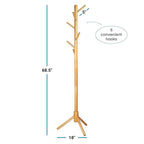 Wooden Tree Coat Rack Stand, 6 Hooks, Super Easy Assembly NO Tools Required, 3 Adjustable Sizes Free Standing Hallway Coat Hanger Hat Stand, for Handbag Clothes & Accessories - Natural Wood