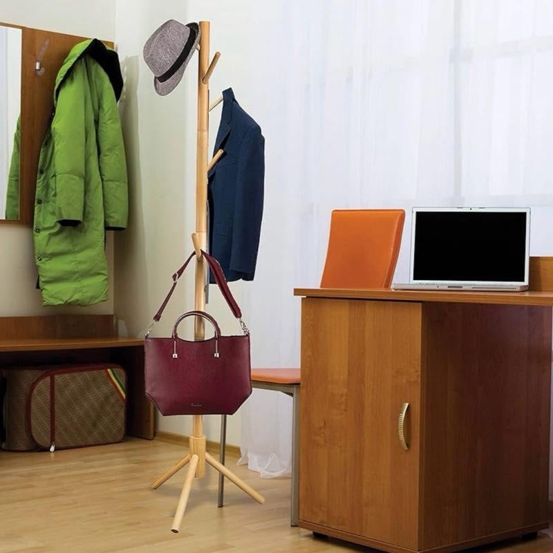 Wooden Tree Coat Rack Stand, 6 Hooks, Super Easy Assembly NO Tools Required, 3 Adjustable Sizes Free Standing Hallway Coat Hanger Hat Stand, for Handbag Clothes & Accessories - Natural Wood