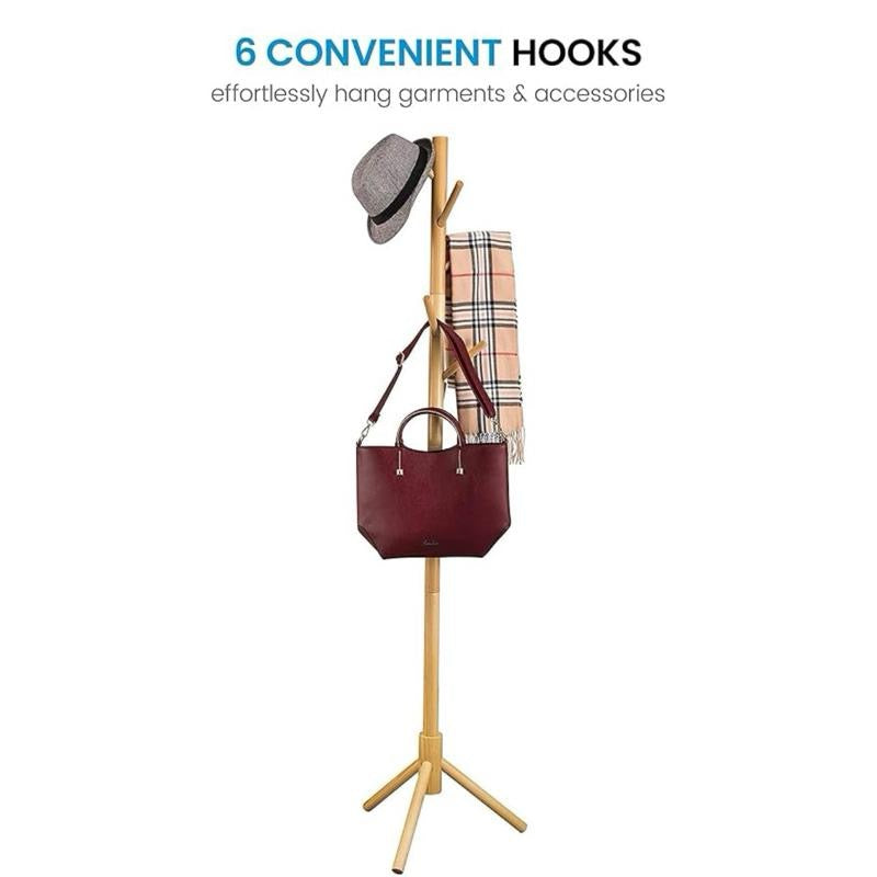 Wooden Tree Coat Rack Stand, 6 Hooks, Super Easy Assembly NO Tools Required, 3 Adjustable Sizes Free Standing Hallway Coat Hanger Hat Stand, for Handbag Clothes & Accessories - Natural Wood