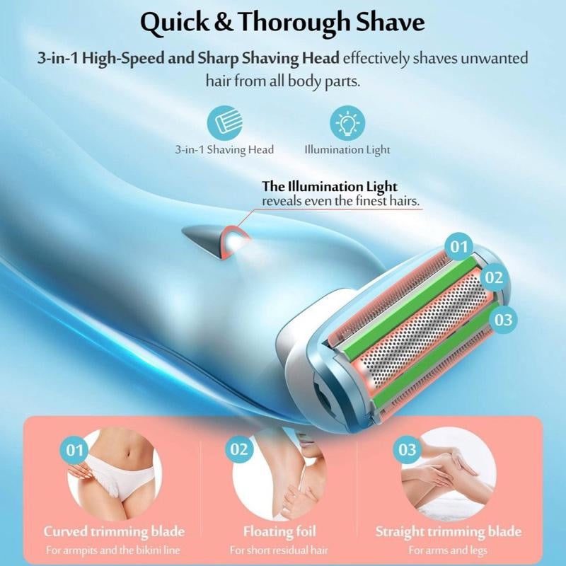 Electric Lady Shaver, Ribivaul Electric Women Razor Bikini Trimmer with 3-in-1 Shaving Blade and 3D Floating Foil, Rechargeable Women Razor for Arm Leg Underarm, Painless Shaver for Wet & Dry Use