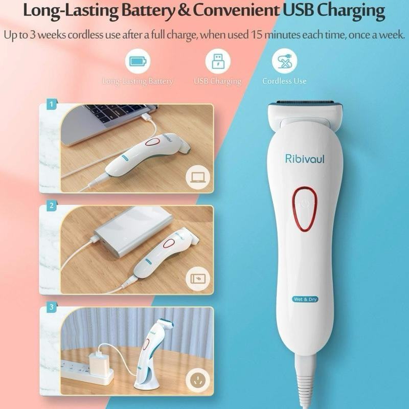 Electric Lady Shaver, Ribivaul Electric Women Razor Bikini Trimmer with 3-in-1 Shaving Blade and 3D Floating Foil, Rechargeable Women Razor for Arm Leg Underarm, Painless Shaver for Wet & Dry Use