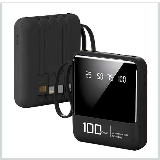 Portable Charger 10000mAh Mini Power Bank with Built in Cables, USB C LED Lightweight External Battery Pack, 5 Outputs & 3 Inputs