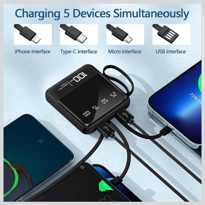 Portable Charger 10000mAh Mini Power Bank with Built in Cables, USB C LED Lightweight External Battery Pack, 5 Outputs & 3 Inputs