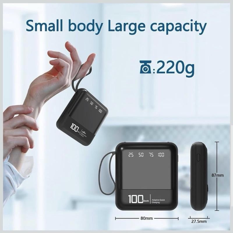Portable Charger 10000mAh Mini Power Bank with Built in Cables, USB C LED Lightweight External Battery Pack, 5 Outputs & 3 Inputs