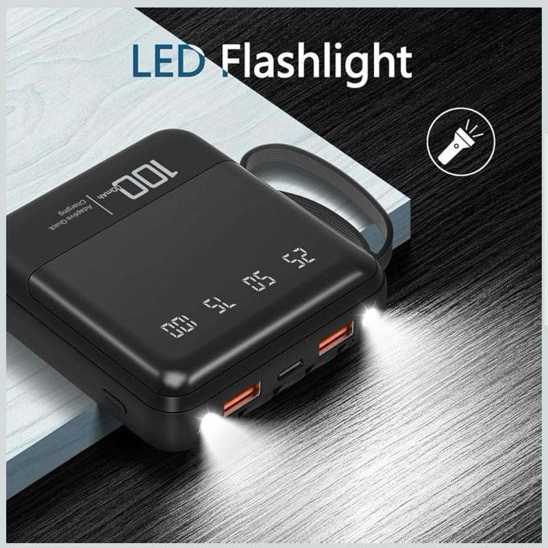 Portable Charger 10000mAh Mini Power Bank with Built in Cables, USB C LED Lightweight External Battery Pack, 5 Outputs & 3 Inputs