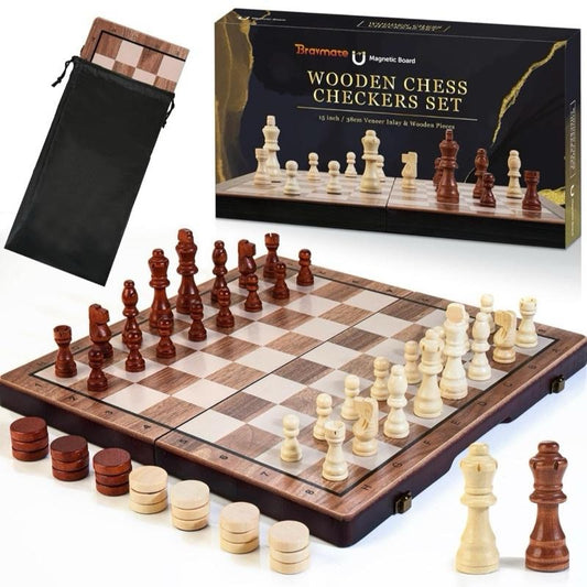 2 in 1 Magnetic Wooden Chess Set & Checkers Board Game, 15’’ Folding Chess Board with Pieces Storage Slots, 2 Extra Queens, Portable Travel Chess Set for Kids Adults Beginner Age 3+