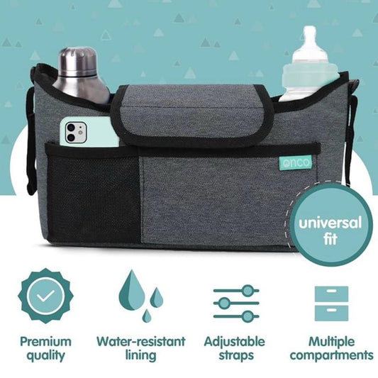 Universal Pram Organiser Bag With Cup Holder & Phone Pocket - Multifunctional Buggy Organiser