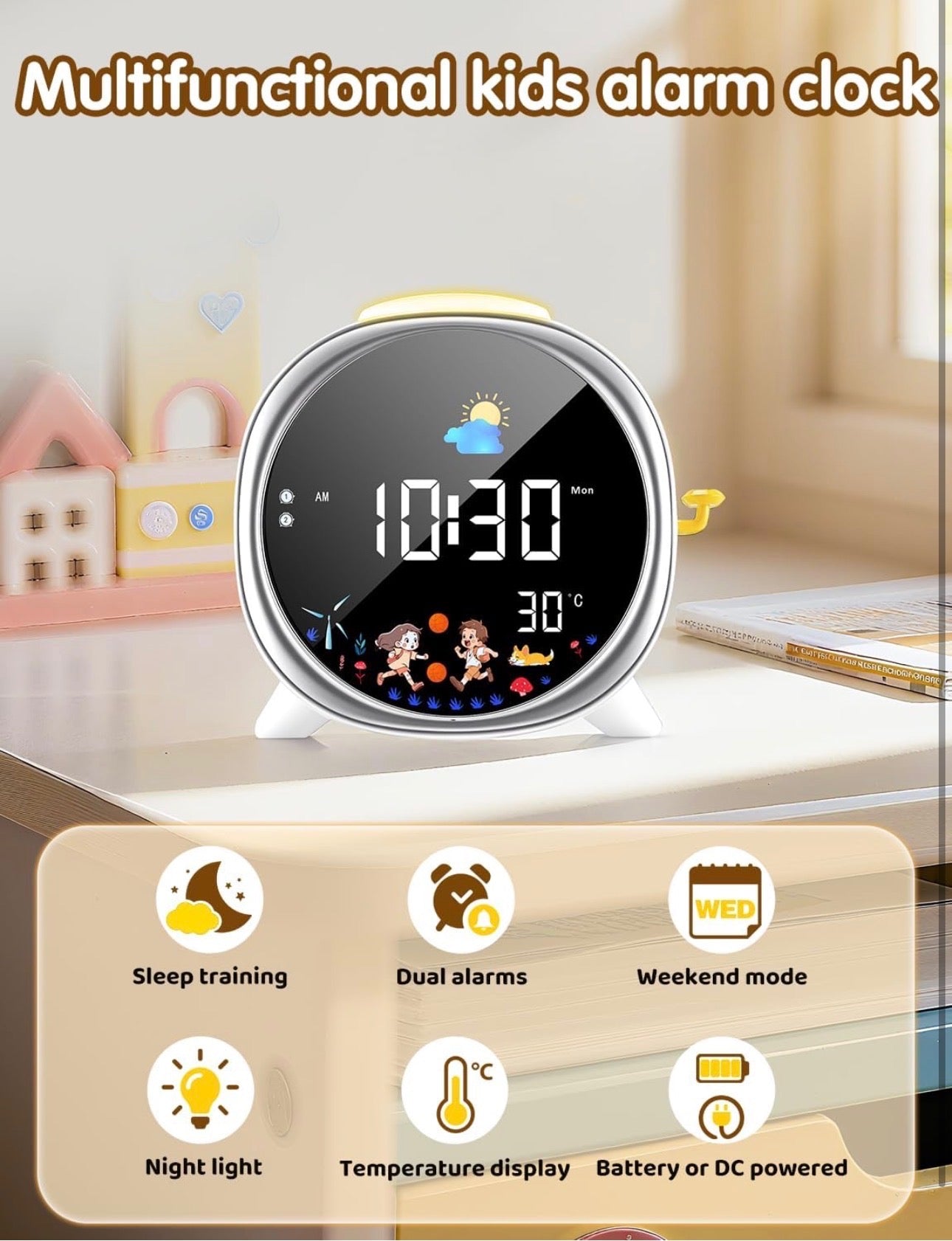 Kids Digital Alarm Clock Sleep Training Clock for Kid, 5 Alarm Sounds, Adjustable Night Light LED Display with Sun & Moon Mode USB Powered Sleep Trainer for Boy & Girl