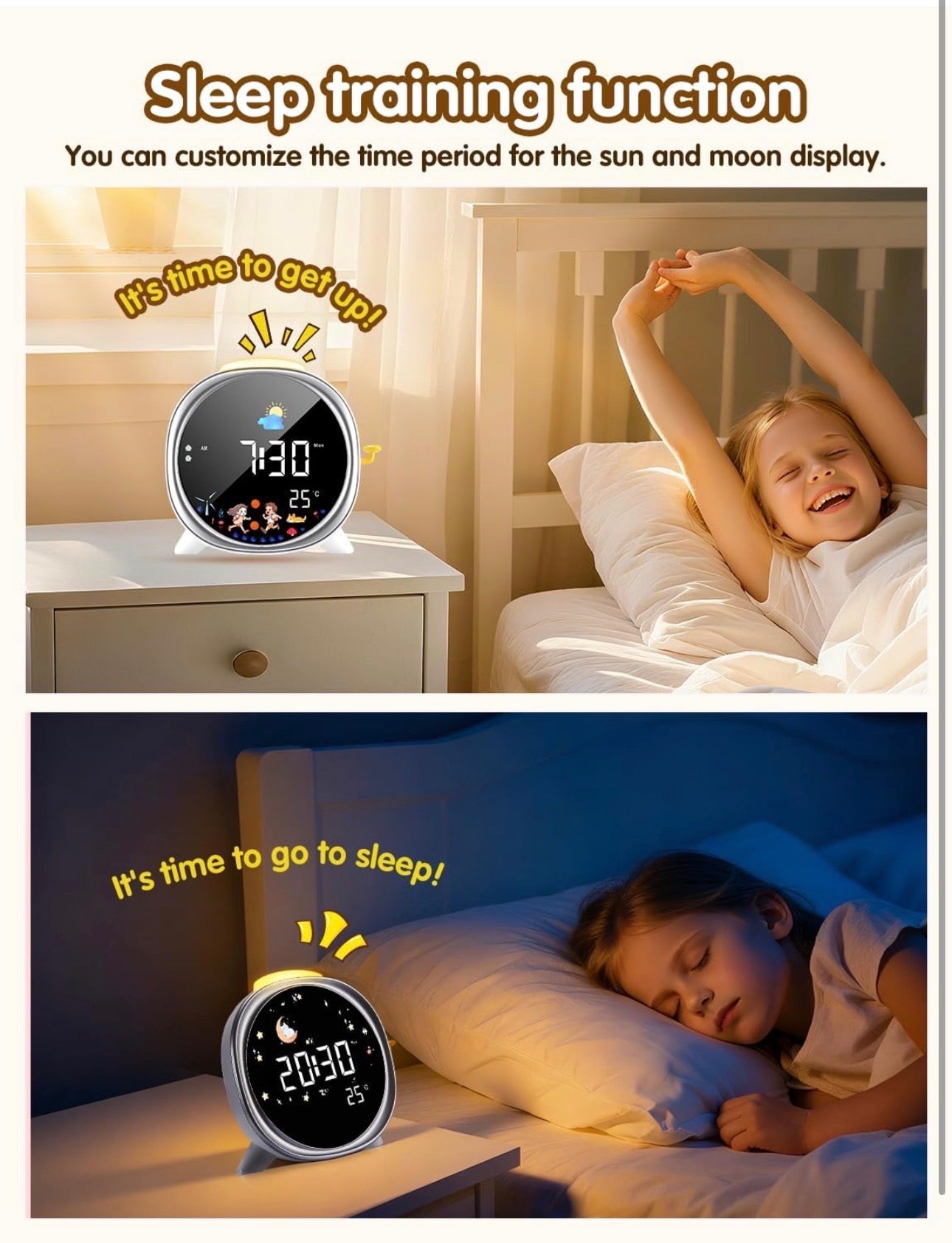Kids Digital Alarm Clock Sleep Training Clock for Kid, 5 Alarm Sounds, Adjustable Night Light LED Display with Sun & Moon Mode USB Powered Sleep Trainer for Boy & Girl