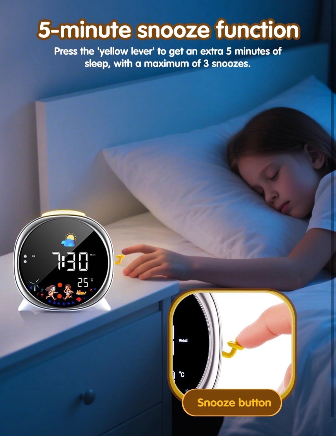Kids Digital Alarm Clock Sleep Training Clock for Kid, 5 Alarm Sounds, Adjustable Night Light LED Display with Sun & Moon Mode USB Powered Sleep Trainer for Boy & Girl