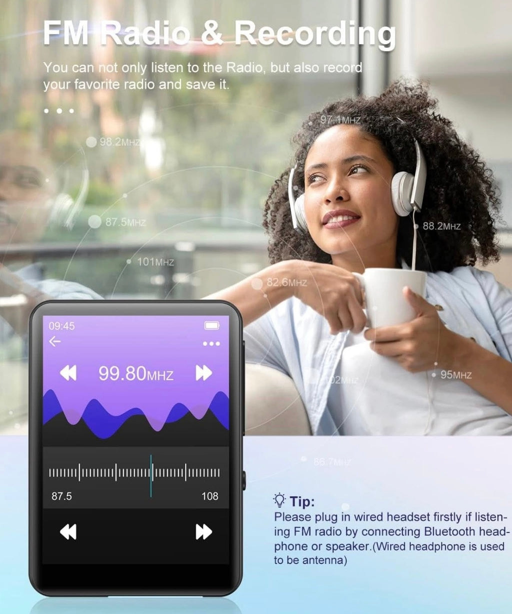 64GB MP3 Player with Bluetooth 5.3, Portable Digital Lossless Music Player with Built-in Speaker, 2.4 in Full Touch Screen, FM Radio, Line-in Voice Recorder, Earphones Included