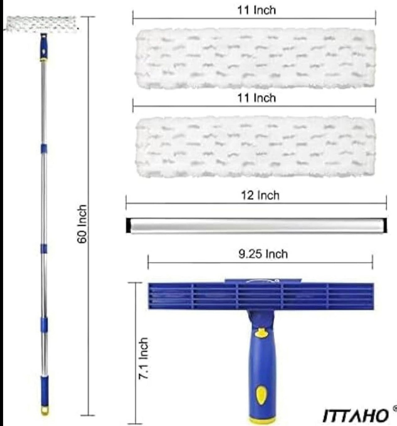 💦Telescopic Window Squeegee Cleaner Kit, 2-in-1 Window Cleaning Equipment Tool with 150 cm Long Handle, Rubber Squeegee and Microfiber Cloth Combo with 180° Rotation Head for High Windows Glass