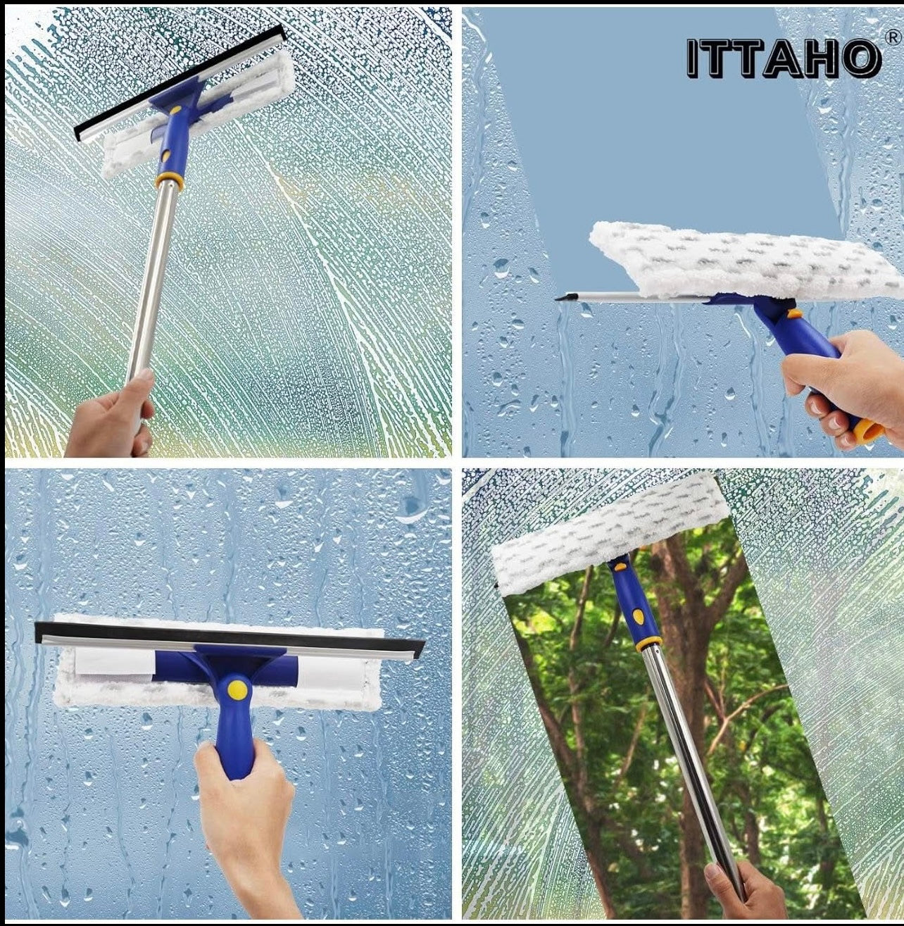 💦Telescopic Window Squeegee Cleaner Kit, 2-in-1 Window Cleaning Equipment Tool with 150 cm Long Handle, Rubber Squeegee and Microfiber Cloth Combo with 180° Rotation Head for High Windows Glass