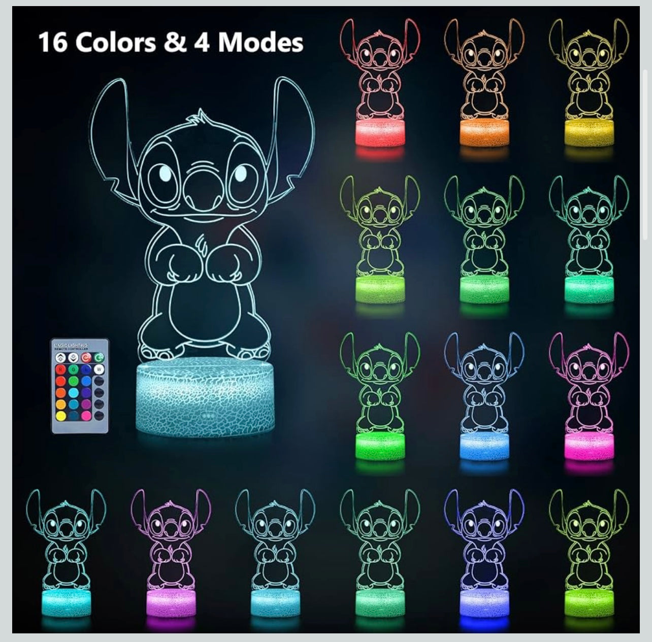 Stitch Lamp: 3D Illusion Night Light with Touch & Remote Control, 16 Colours Lamp