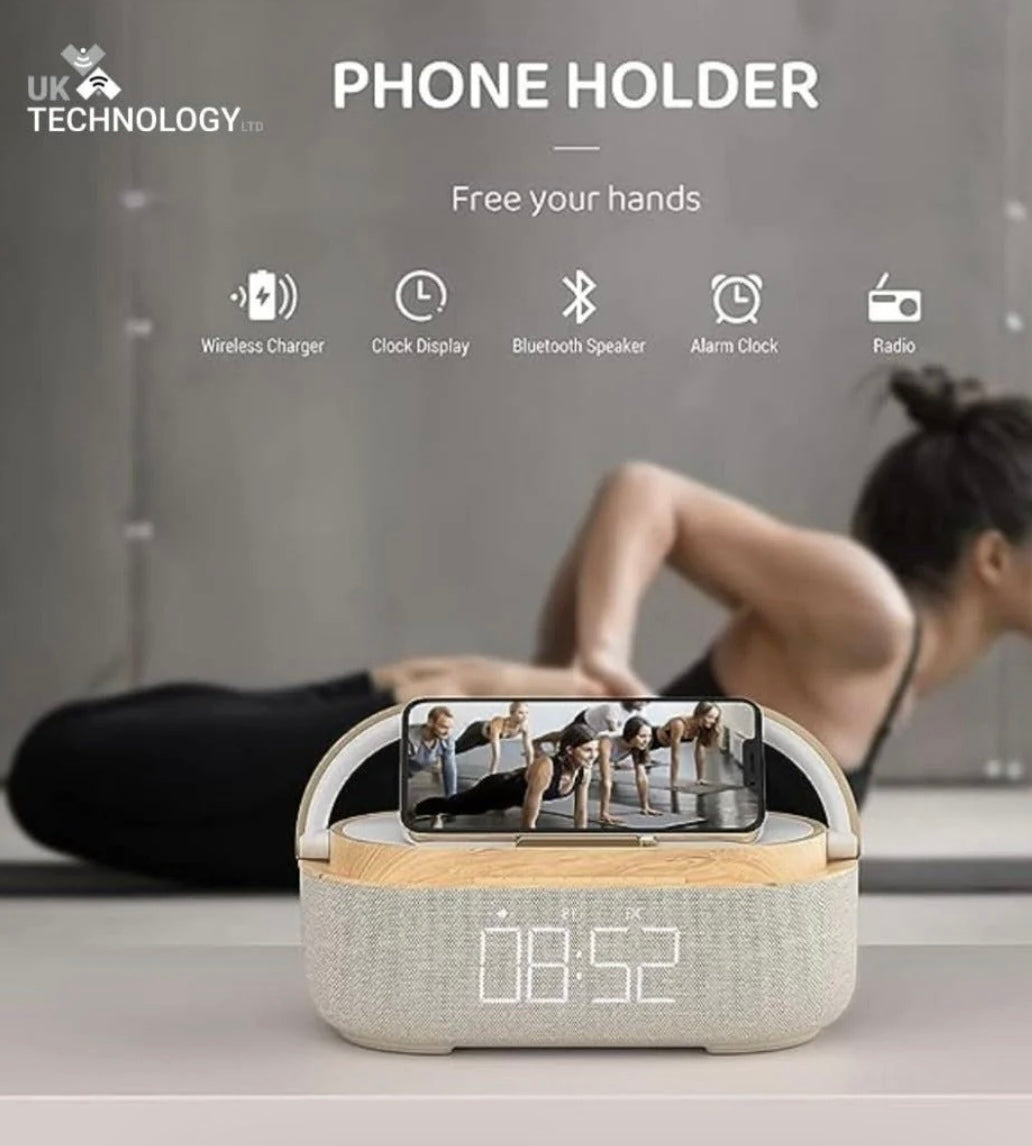 Cream Clock Radio - Wireless Charging, LED Lamp, Bluetooth Speaker