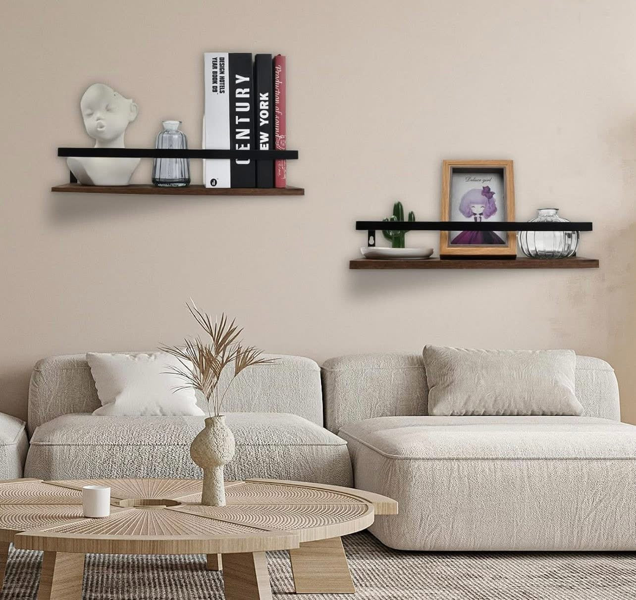 Litinliv Wall Shelf, Floating Shelves Wall Mounted, Solid Wooden Shelves, Set of 2 Floating Shelves,Rustic Wooden Shelves Decorative Wall Shelf,Wall Mounted Shelves for Bathroom, Living Room, Bedroom