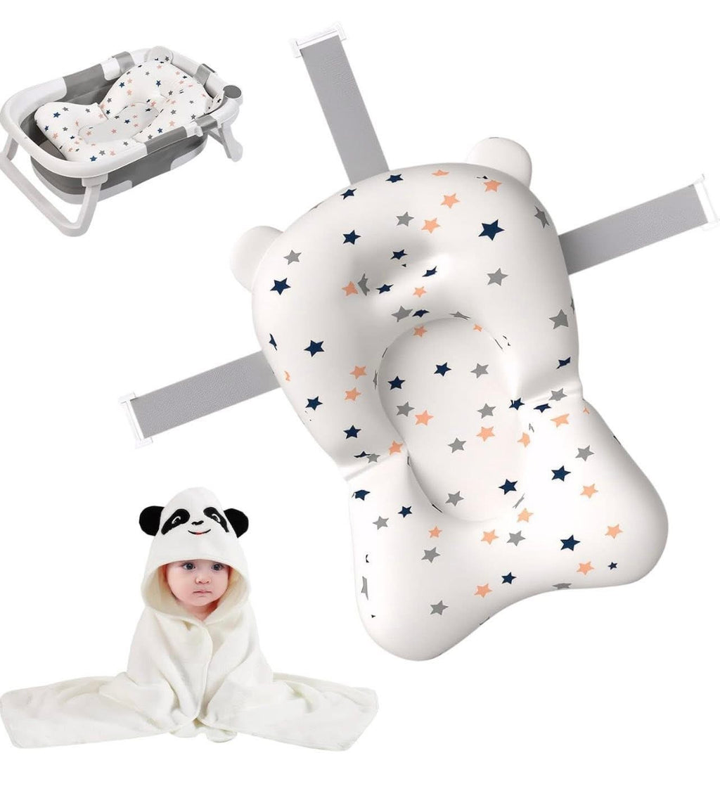 Baby Bath Pillow Seat, Baby Bath Mat Pillow Newborn, with Cute Hooded Baby Towel