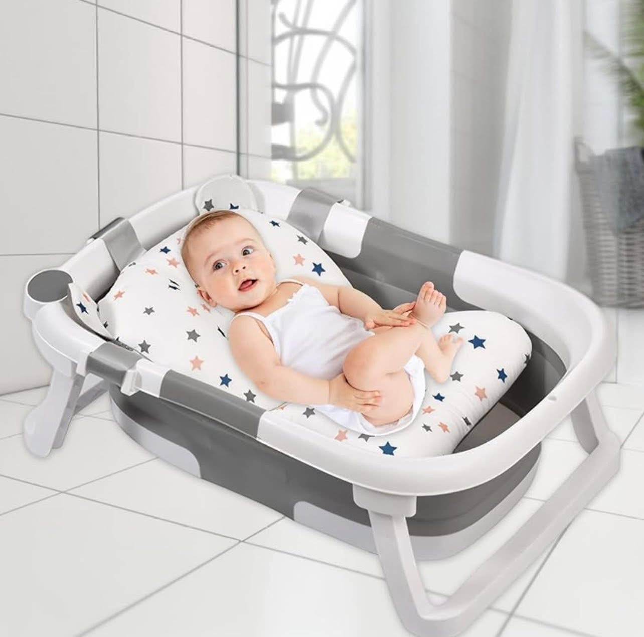 Baby Bath Pillow Seat, Baby Bath Mat Pillow Newborn, with Cute Hooded Baby Towel