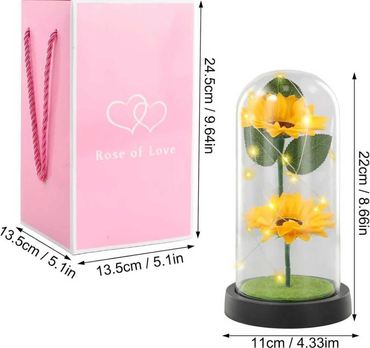 Sunflower in glass dome with LED lights included