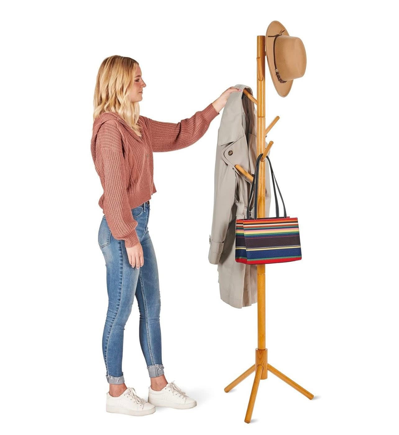 Wooden Tree Coat Rack Stand, 6 Hooks, Super Easy Assembly NO Tools Required, 3 Adjustable Sizes Free Standing Hallway Coat Hanger Hat Stand, for Handbag Clothes & Accessories - Natural Wood