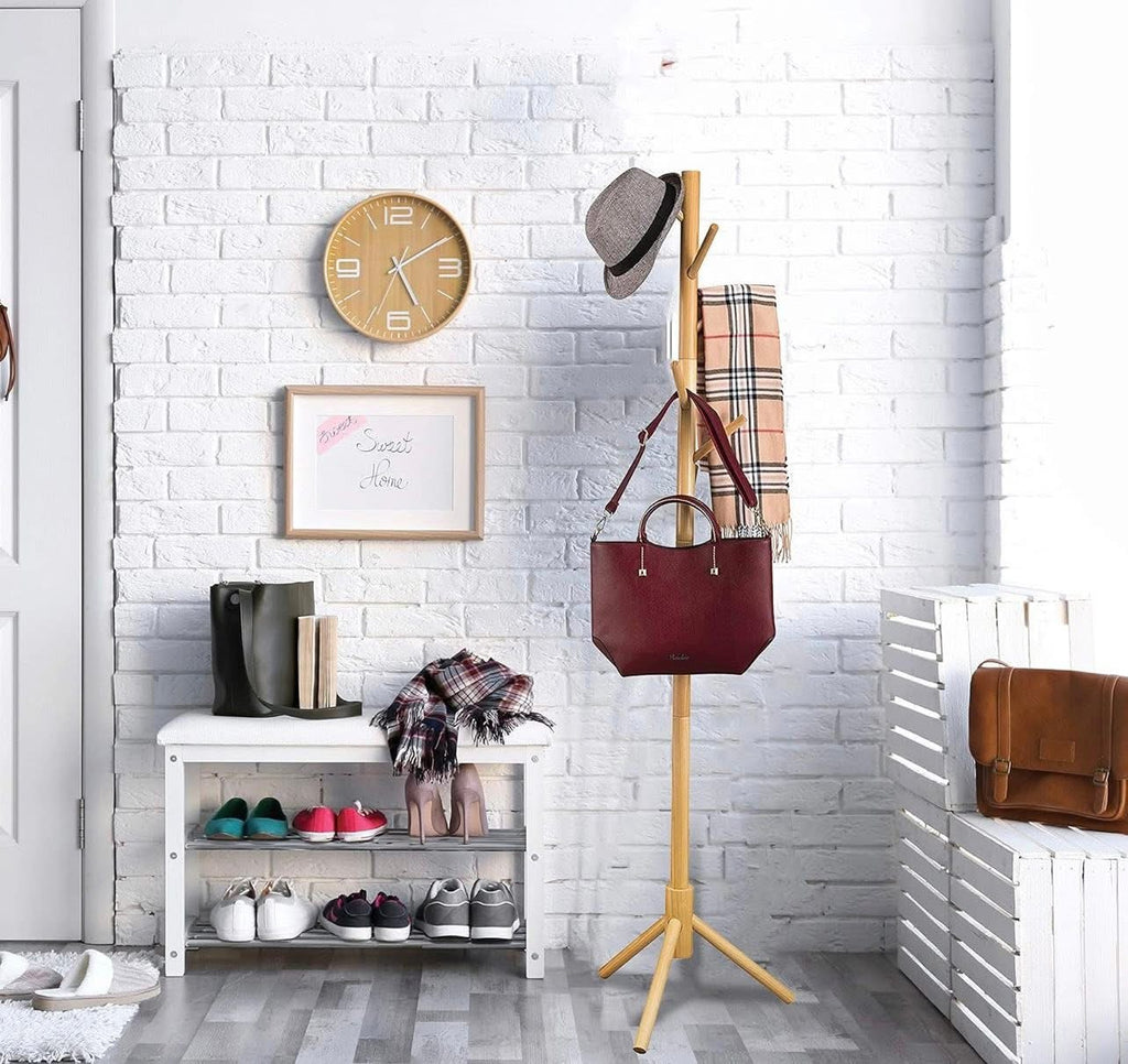 Wooden Tree Coat Rack Stand, 6 Hooks, Super Easy Assembly NO Tools Required, 3 Adjustable Sizes Free Standing Hallway Coat Hanger Hat Stand, for Handbag Clothes & Accessories - Natural Wood