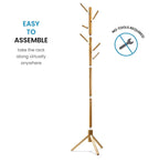 Wooden Tree Coat Rack Stand, 6 Hooks, Super Easy Assembly NO Tools Required, 3 Adjustable Sizes Free Standing Hallway Coat Hanger Hat Stand, for Handbag Clothes & Accessories - Natural Wood