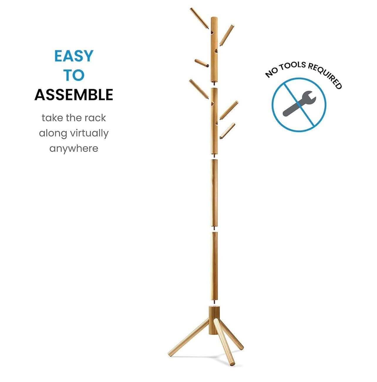 Wooden Tree Coat Rack Stand, 6 Hooks, Super Easy Assembly NO Tools Required, 3 Adjustable Sizes Free Standing Hallway Coat Hanger Hat Stand, for Handbag Clothes & Accessories - Natural Wood