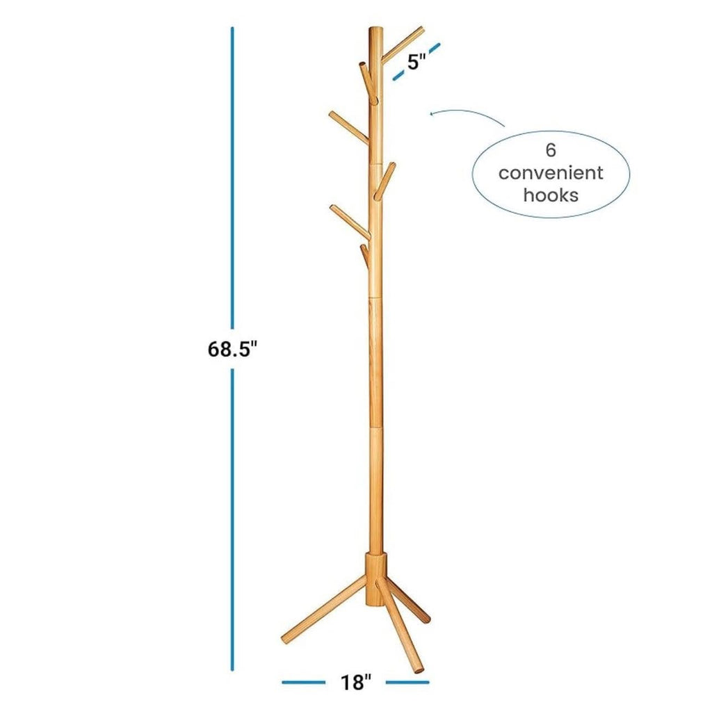 Wooden Tree Coat Rack Stand, 6 Hooks, Super Easy Assembly NO Tools Required, 3 Adjustable Sizes Free Standing Hallway Coat Hanger Hat Stand, for Handbag Clothes & Accessories - Natural Wood