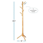 Wooden Tree Coat Rack Stand, 6 Hooks, Super Easy Assembly NO Tools Required, 3 Adjustable Sizes Free Standing Hallway Coat Hanger Hat Stand, for Handbag Clothes & Accessories - Natural Wood