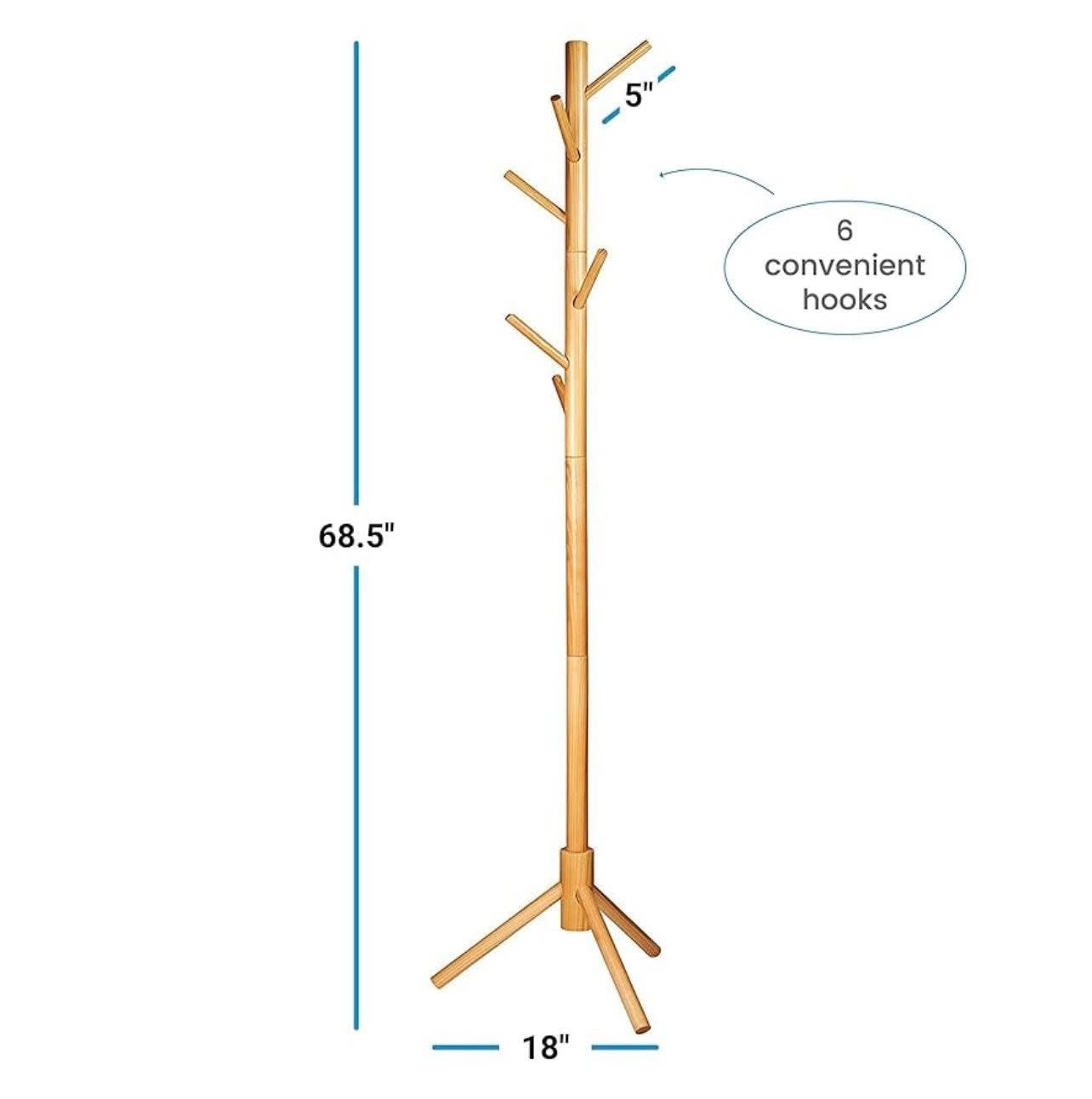 Wooden Tree Coat Rack Stand, 6 Hooks, Super Easy Assembly NO Tools Required, 3 Adjustable Sizes Free Standing Hallway Coat Hanger Hat Stand, for Handbag Clothes & Accessories - Natural Wood