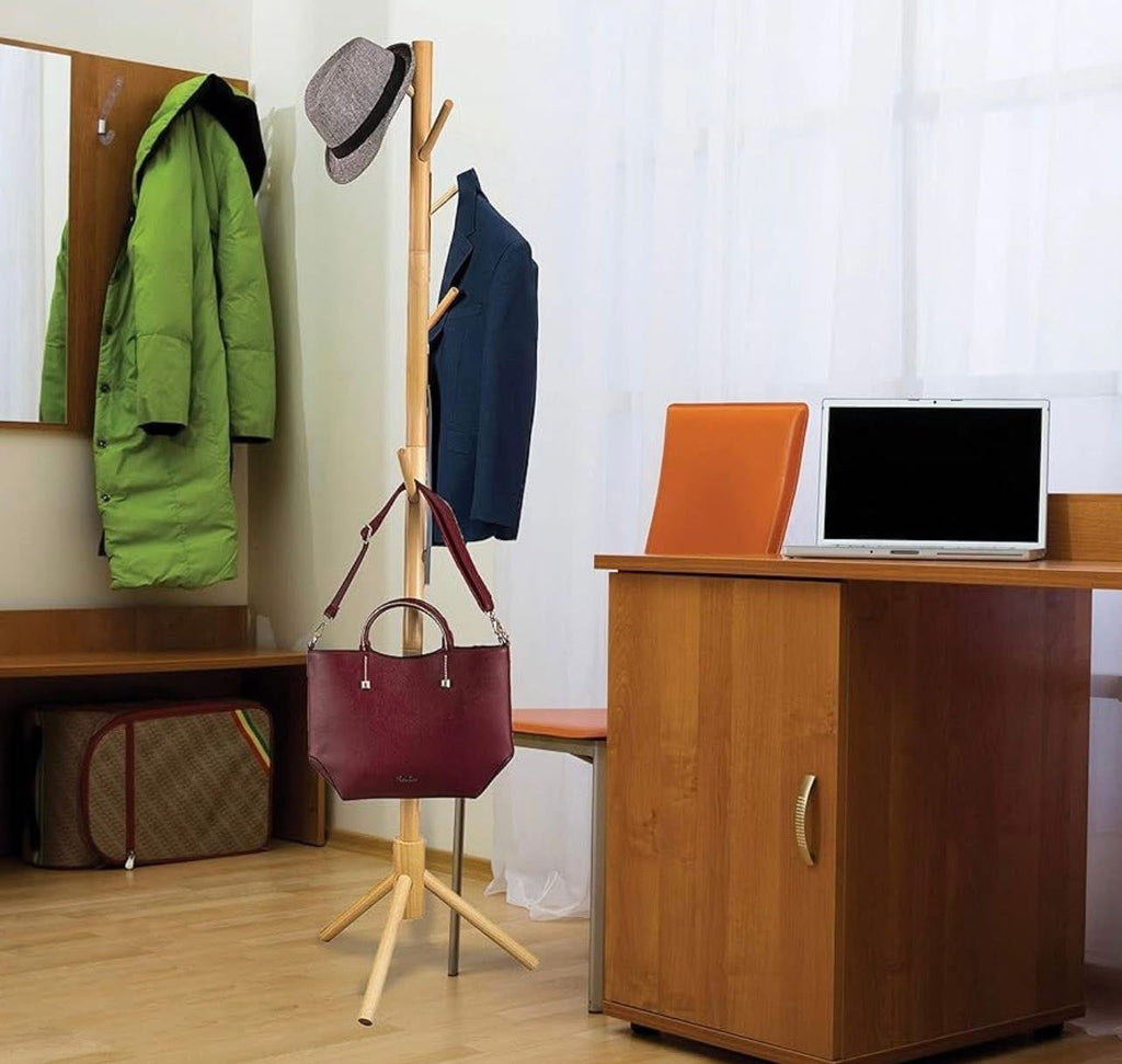 Wooden Tree Coat Rack Stand, 6 Hooks, Super Easy Assembly NO Tools Required, 3 Adjustable Sizes Free Standing Hallway Coat Hanger Hat Stand, for Handbag Clothes & Accessories - Natural Wood