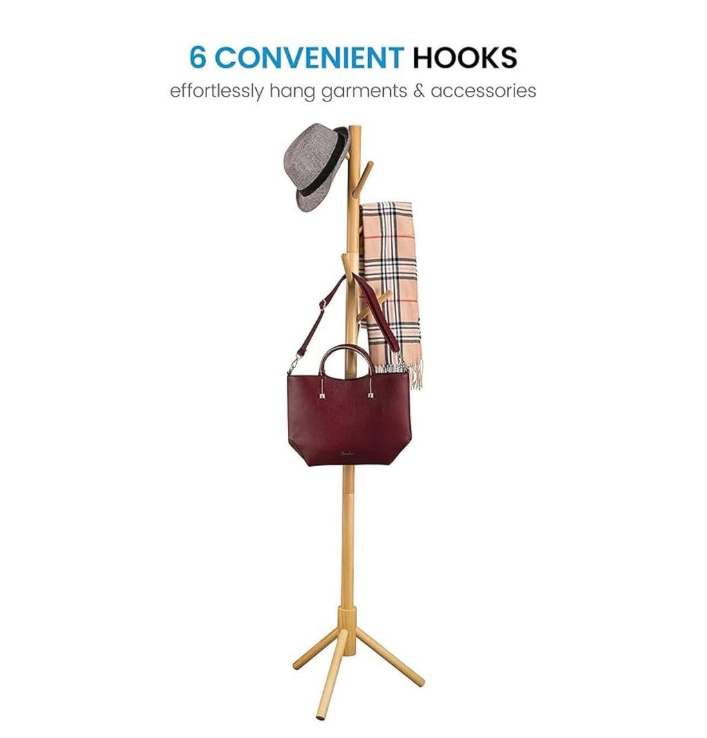 Wooden Tree Coat Rack Stand, 6 Hooks, Super Easy Assembly NO Tools Required, 3 Adjustable Sizes Free Standing Hallway Coat Hanger Hat Stand, for Handbag Clothes & Accessories - Natural Wood