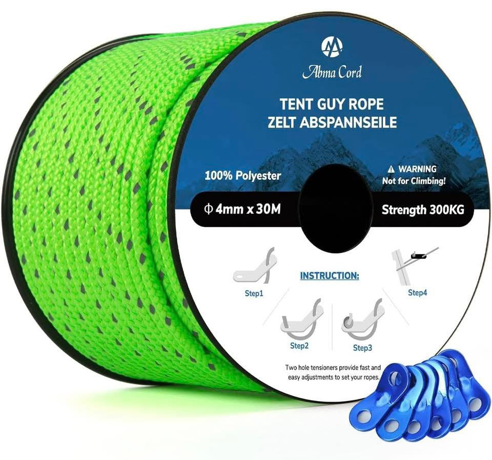 Abma Cord Tent Guy Ropes 4mm 30M Guy Line 6 Pcs Guy Rope Tensioners Heavy Duty Guide Rope for Camping, Gazebos, Awning, Tarp - Reflective Neon Green