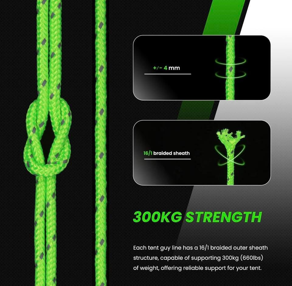 Abma Cord Tent Guy Ropes 4mm 30M Guy Line 6 Pcs Guy Rope Tensioners Heavy Duty Guide Rope for Camping, Gazebos, Awning, Tarp - Reflective Neon Green